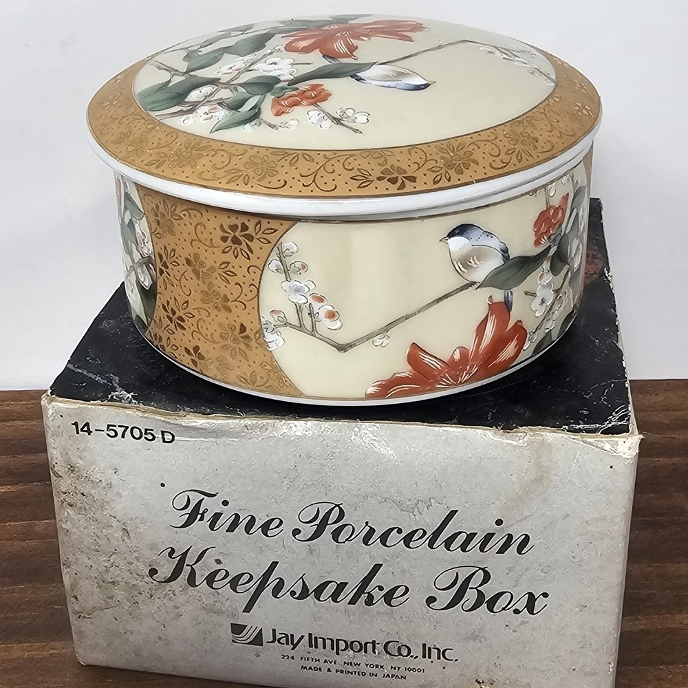 Vintage Porcelain Trinket Jewelry Box with Birds & Flowers Gold 3.5” Japan